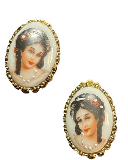 Vintage Limoges France ceramic lady cameo Clip on earrings