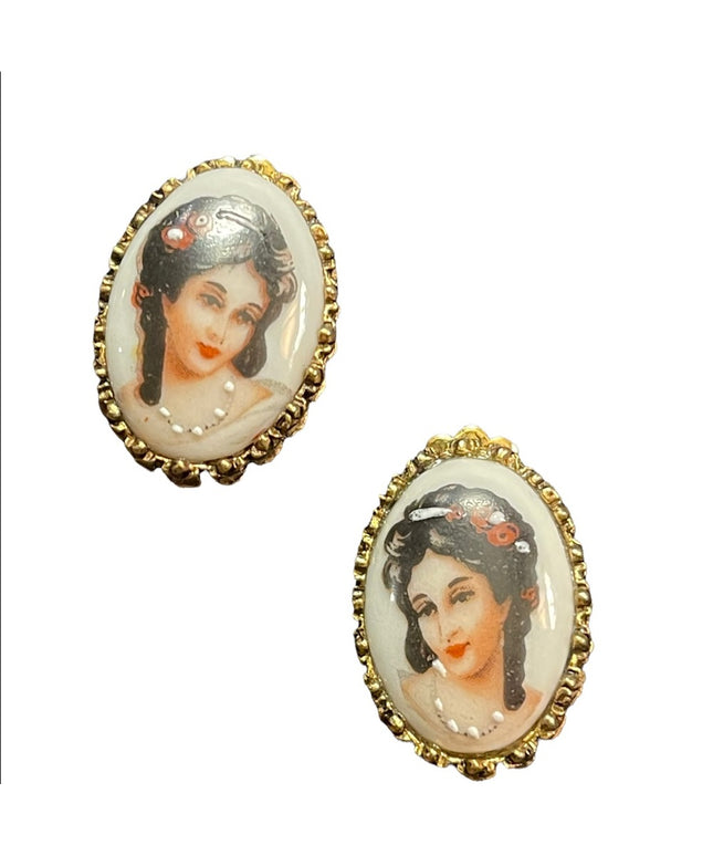 Vintage Limoges France ceramic lady cameo Clip on earrings