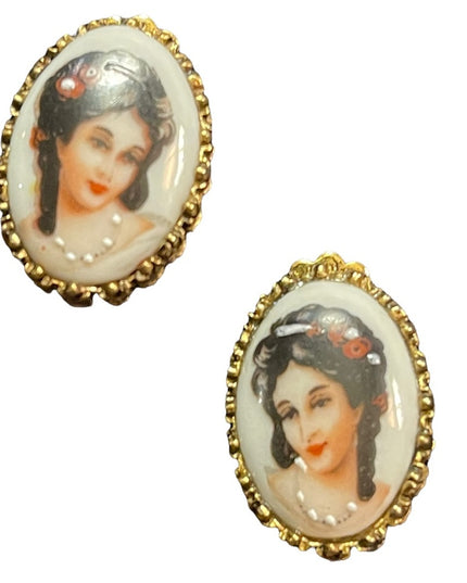 Vintage Limoges France ceramic lady cameo Clip on earrings