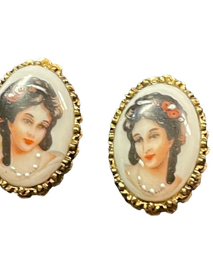 Vintage Limoges France ceramic lady cameo Clip on earrings