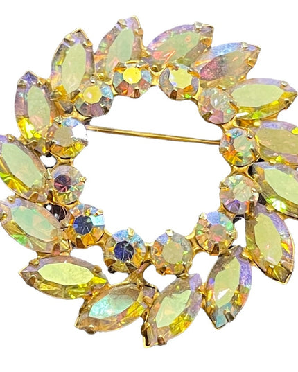 Vintage 1960s Keyes Crystal AB gold finish brooch