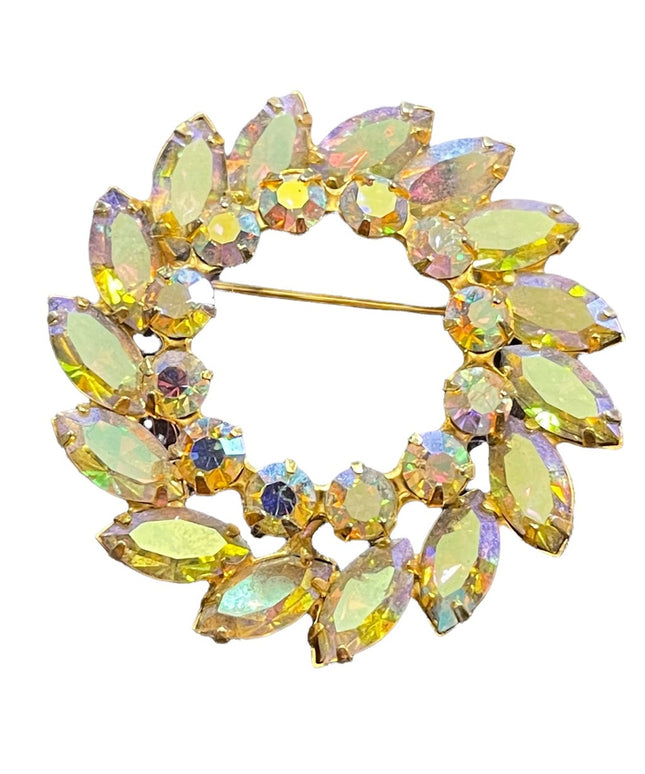 Vintage 1960s Keyes Crystal AB gold finish brooch