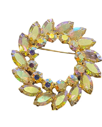 Vintage 1960s Keyes Crystal AB gold finish brooch
