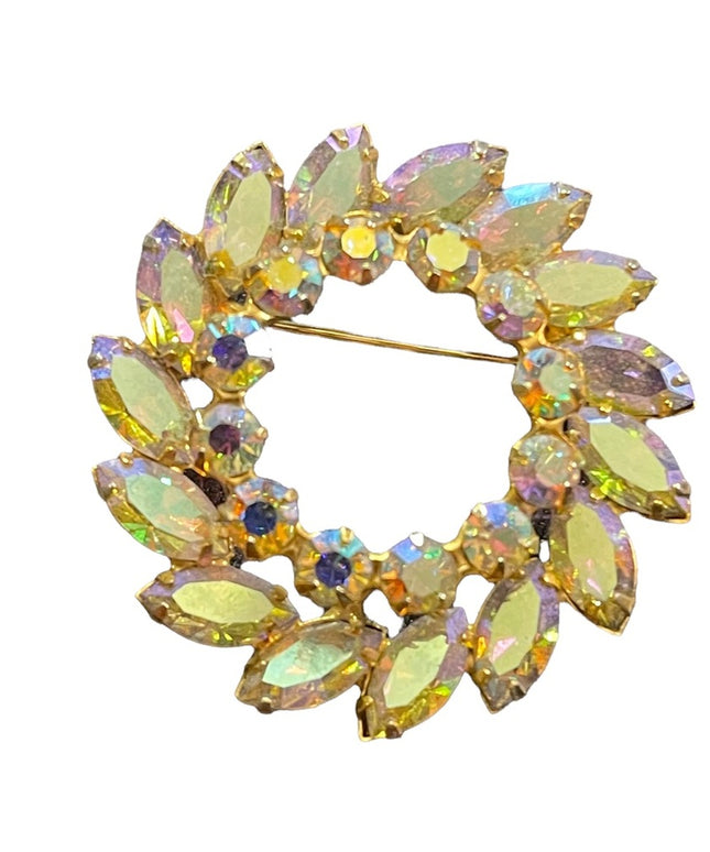 Vintage 1960s Keyes Crystal AB gold finish brooch