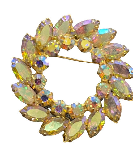 Vintage 1960s Keyes Crystal AB gold finish brooch