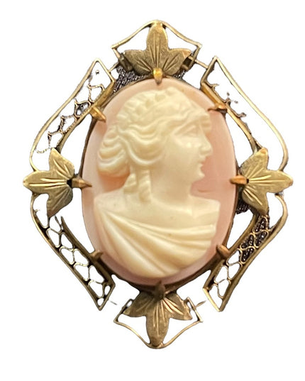 Antique 1920s gold brassy finish cameo brooch Resin