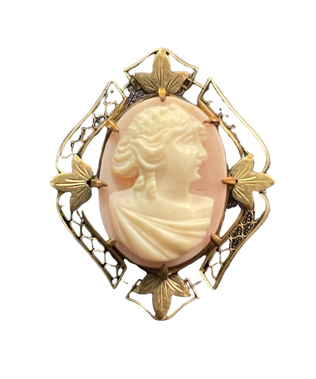 Antique 1920s gold brassy finish cameo brooch Resin