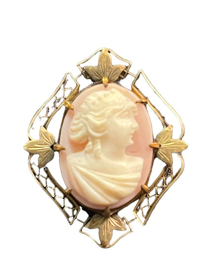 Antique 1920s gold brassy finish cameo brooch Resin
