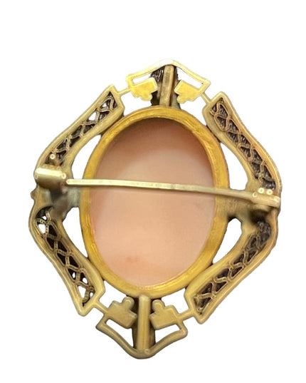 Antique 1920s gold brassy finish cameo brooch Resin