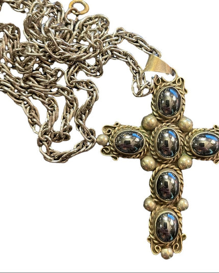 Vintage Mexico Alpaca Silver ornate hematite stone cross ornate necklace