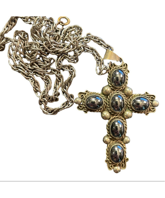 Vintage Mexico Alpaca Silver ornate hematite stone cross ornate necklace