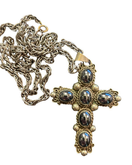 Vintage Mexico Alpaca Silver ornate hematite stone cross ornate necklace