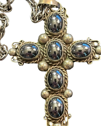 Vintage Mexico Alpaca Silver ornate hematite stone cross ornate necklace