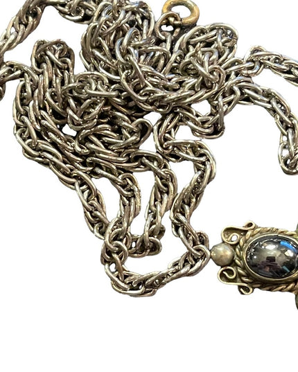 Vintage Mexico Alpaca Silver ornate hematite stone cross ornate necklace