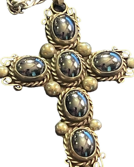 Vintage Mexico Alpaca Silver ornate hematite stone cross ornate necklace