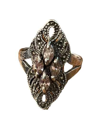 Sterling silver 925 Elongated marcasite purple crystal ornate ring Sz 8