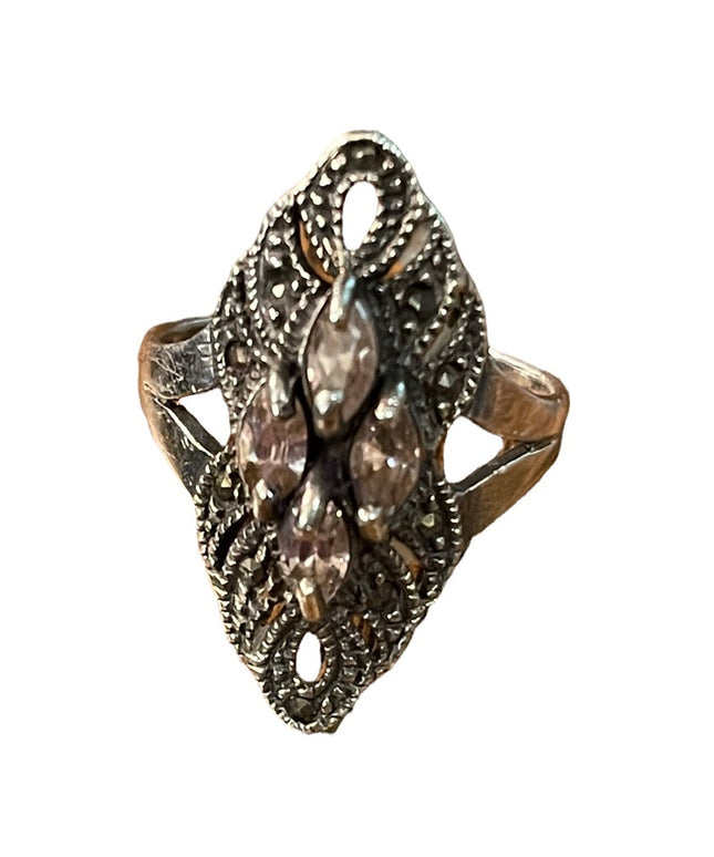 Sterling silver 925 Elongated marcasite purple crystal ornate ring Sz 8