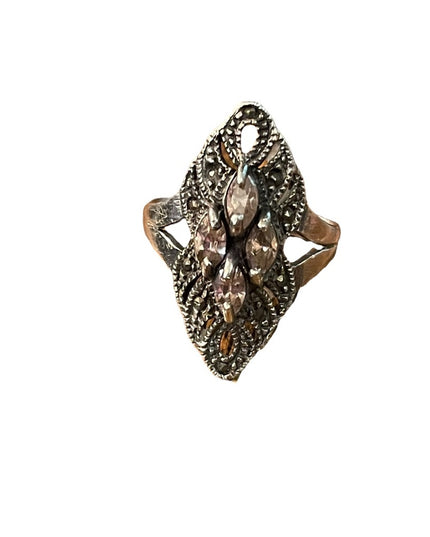 Sterling silver 925 Elongated marcasite purple crystal ornate ring Sz 8