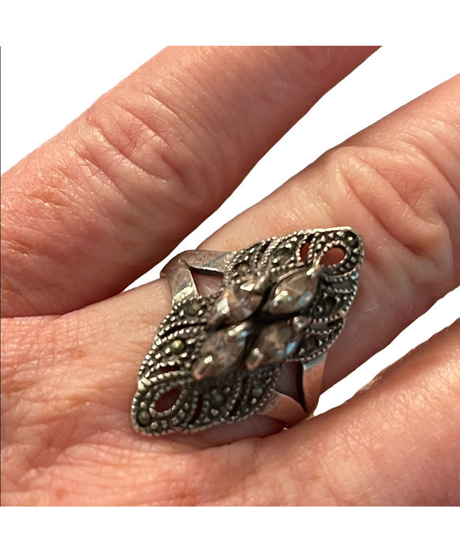 Sterling silver 925 Elongated marcasite purple crystal ornate ring Sz 8