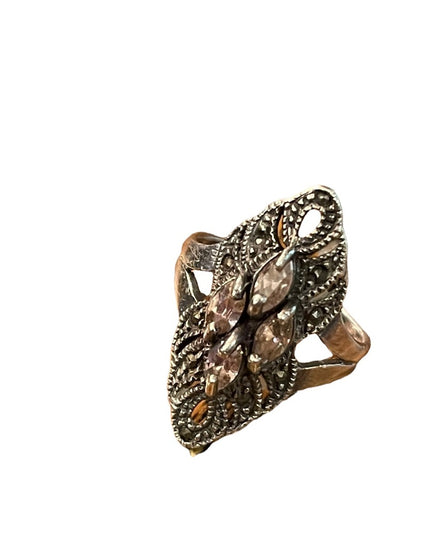 Sterling silver 925 Elongated marcasite purple crystal ornate ring Sz 8