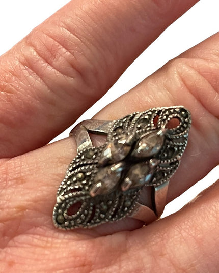 Sterling silver 925 Elongated marcasite purple crystal ornate ring Sz 8
