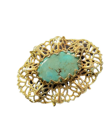 Vintage gold filagree ornate faux turquois fancy brooch CZECH