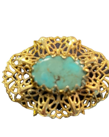 Vintage gold filagree ornate faux turquois fancy brooch CZECH