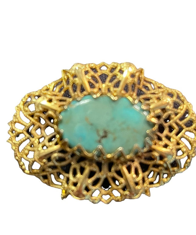 Vintage gold filagree ornate faux turquois fancy brooch CZECH