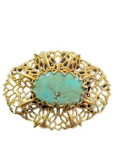 Vintage gold filagree ornate faux turquois fancy brooch CZECH