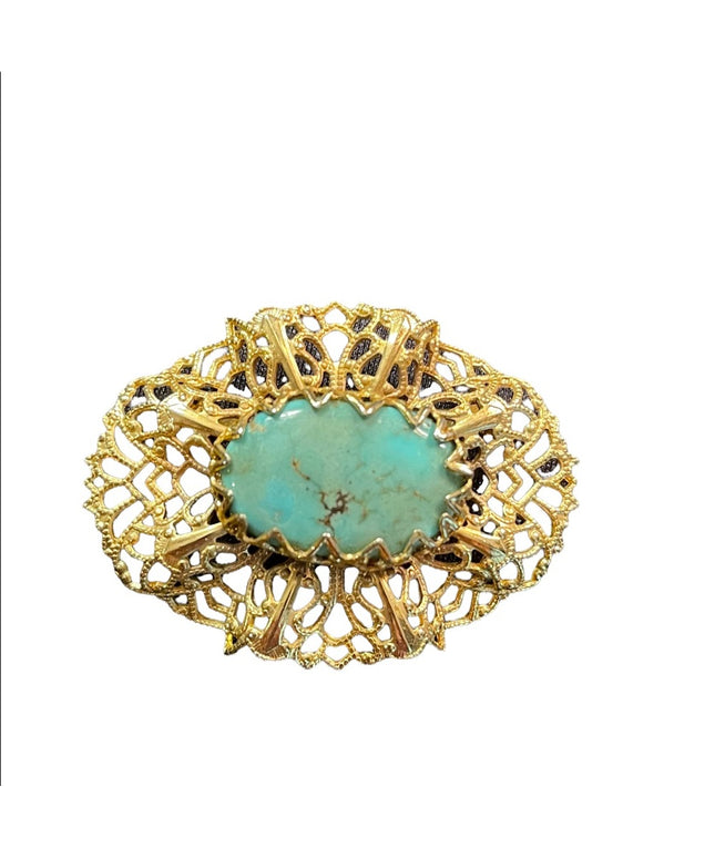 Vintage gold filagree ornate faux turquois fancy brooch CZECH