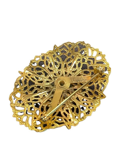 Vintage gold filagree ornate faux turquois fancy brooch CZECH
