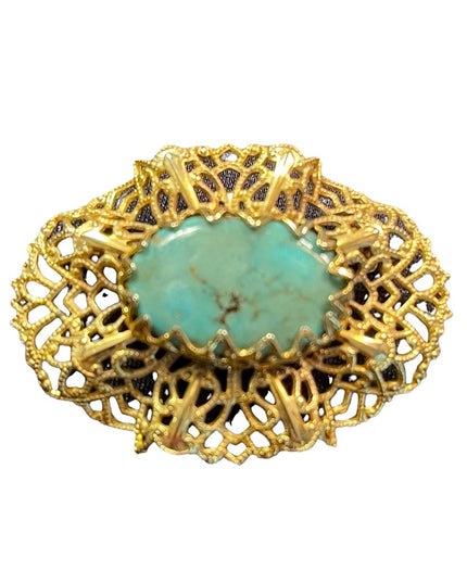 Vintage gold filagree ornate faux turquois fancy brooch CZECH