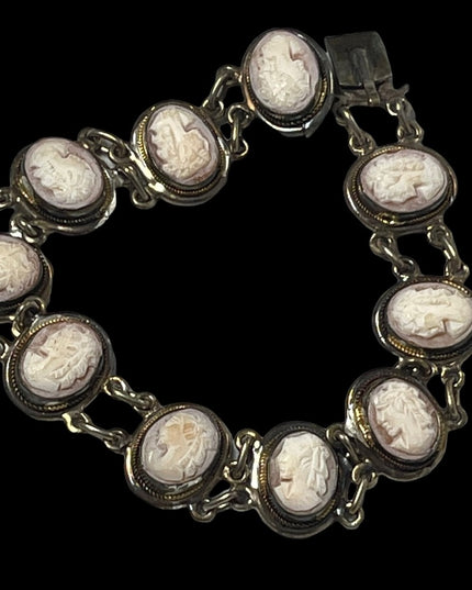 Vintage 800 Silver shell Cameo link bracelet appx 1930s