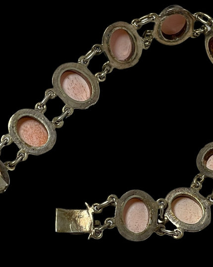 Vintage 800 Silver shell Cameo link bracelet appx 1930s