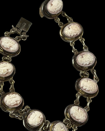 Vintage 800 Silver shell Cameo link bracelet appx 1930s