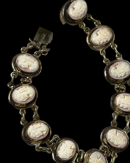 Vintage 800 Silver shell Cameo link bracelet appx 1930s