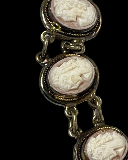 Vintage 800 Silver shell Cameo link bracelet appx 1930s