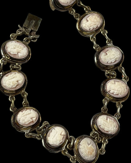 Vintage 800 Silver shell Cameo link bracelet appx 1930s