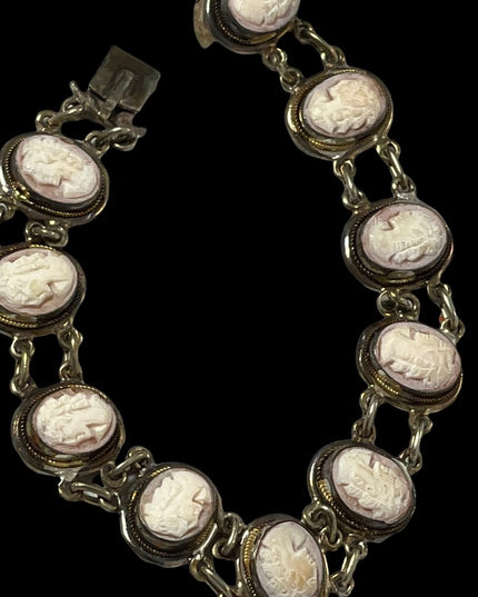 Vintage 800 Silver shell Cameo link bracelet appx 1930s
