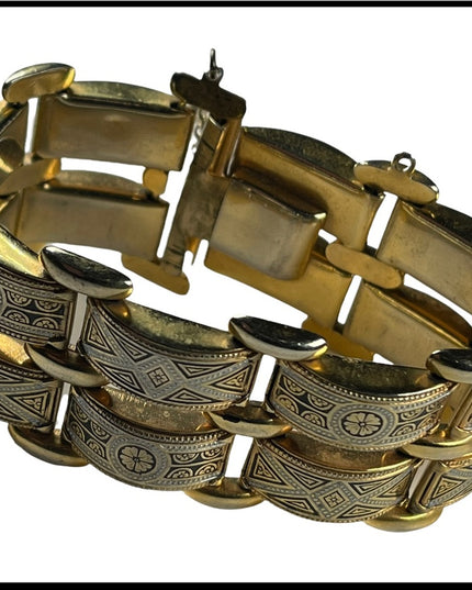 Vintage Damascene Spain Gold plated Etched bracelet chunky bangle