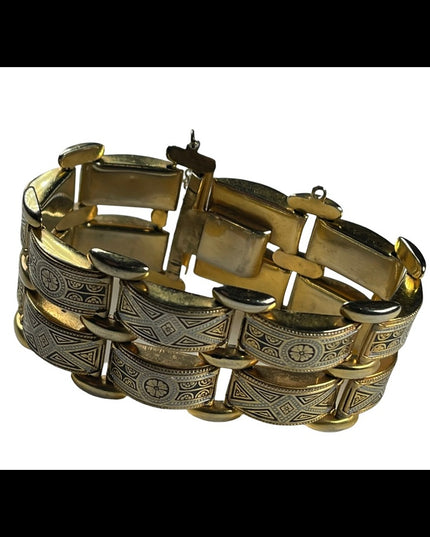 Vintage Damascene Spain Gold plated Etched bracelet chunky bangle
