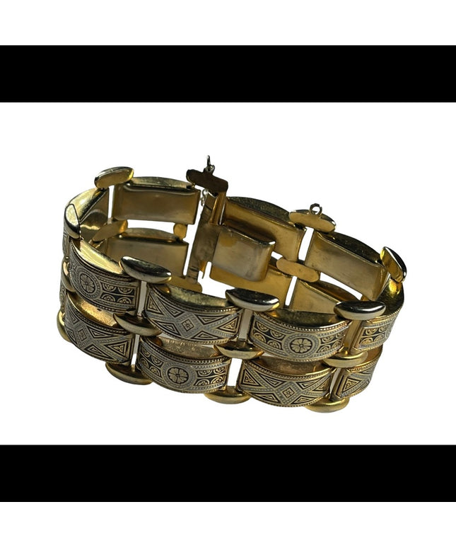Vintage Damascene Spain Gold plated Etched bracelet chunky bangle