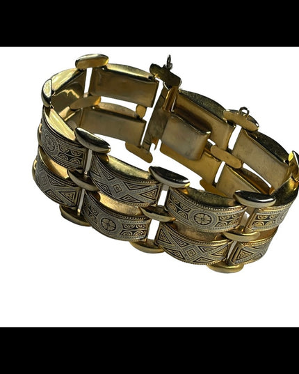 Vintage Damascene Spain Gold plated Etched bracelet chunky bangle