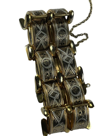 Vintage Damascene Spain Gold plated Etched bracelet chunky bangle