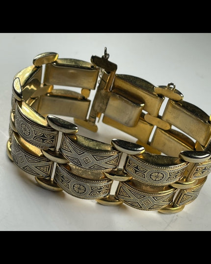 Vintage Damascene Spain Gold plated Etched bracelet chunky bangle