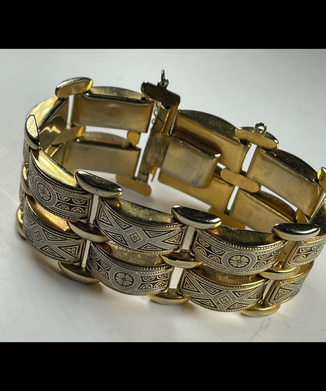 Vintage Damascene Spain Gold plated Etched bracelet chunky bangle