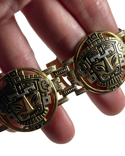 Vintage 1960s Gold plated damascene bangle bracelet chunky Inka God Spain