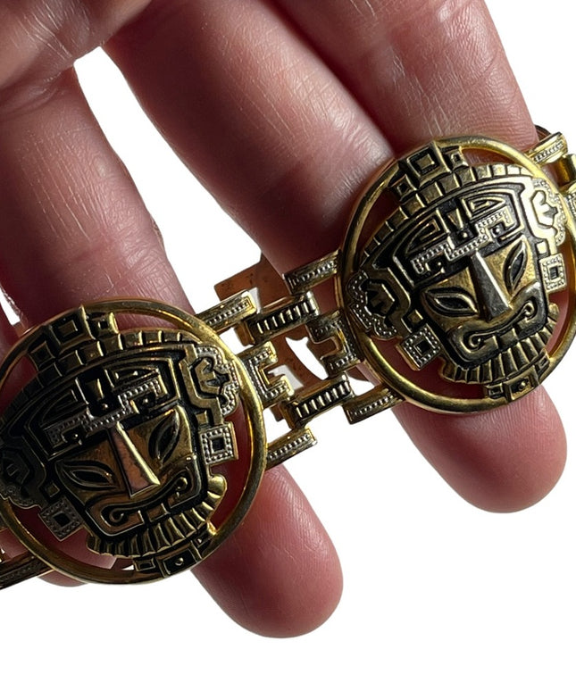 Vintage 1960s Gold plated damascene bangle bracelet chunky Inka God Spain