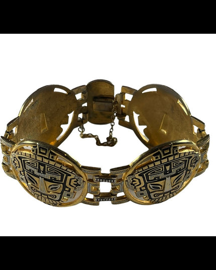 Vintage 1960s Gold plated damascene bangle bracelet chunky Inka God Spain