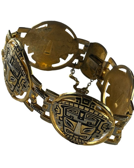 Vintage 1960s Gold plated damascene bangle bracelet chunky Inka God Spain